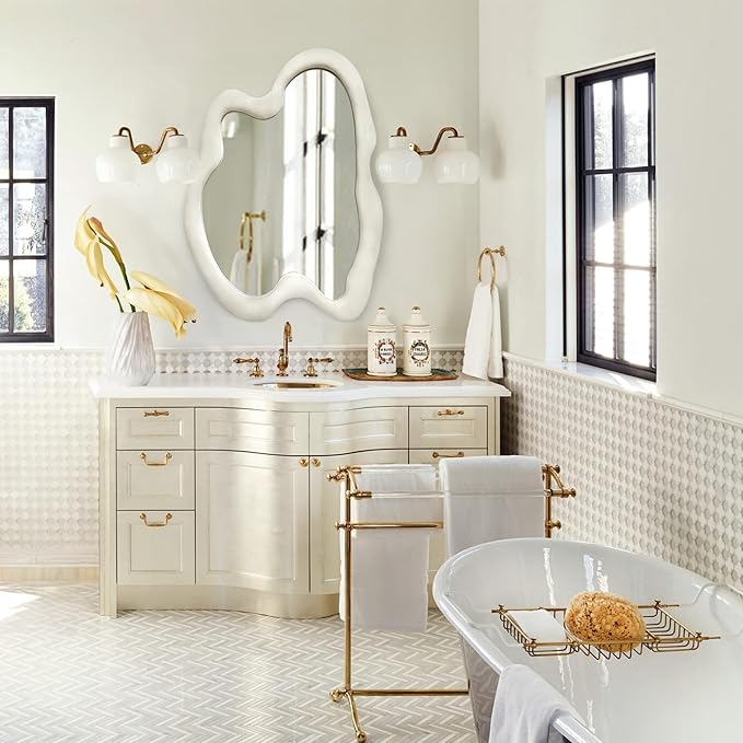 Irregular Wall Mirror Asymmetrical Mirror, White Wavy Mirror with Flannel Frame, Decorative Wall Mirror for Bedroom, Livingroom, Entryway, 24"x 32"