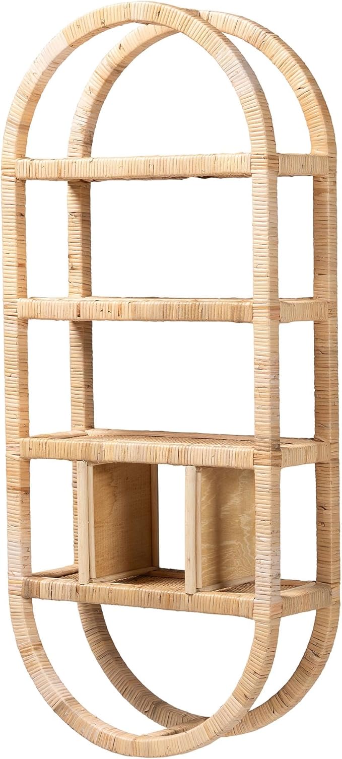 Bali & pari Labonita Natural Rattan Wall Shelf – 3-Tier Wall-Mounted Display Unit with Arching Frame for Entryway, Living Room, or Bathroom