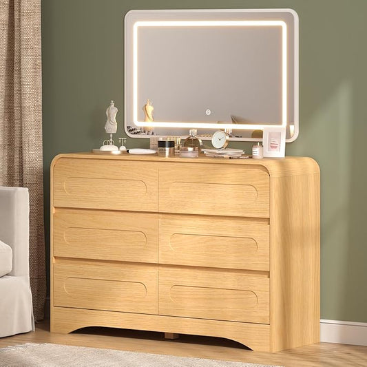 Dresser with Mirror for Bedroom, Pre-Installed Slides, 6 Drawer Dressers & Chests of Drawers with 24"x37"LED Mirror, 3 Colors, 47" Wide Storage Dresser for Apartment or Hallway, Natural Oak