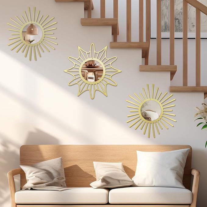 OYEFLY Sunburst Mirrors for Wall Decor 3 Pack Sun Mirror Wall Art Living Room Bedroom Entryway Boho Metal 12 Inch Gold