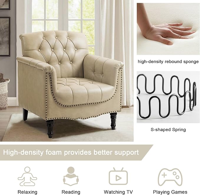 Lumibee Faux Leather Armchair, Contemporary Accent Chair with Nailhead Trims & Wood Legs for Living Room, Upholstered Comfy Arm Chair for Office,Bedroom-Beige