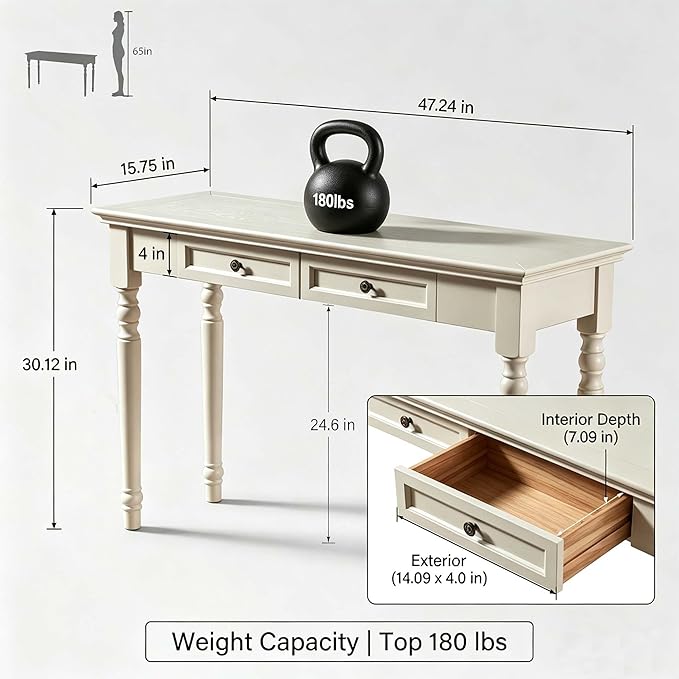 47" Narrow Solid Wood Writing Desk with Drawers, White French Country Style Computer Desk for Home Office, Living Room or Study