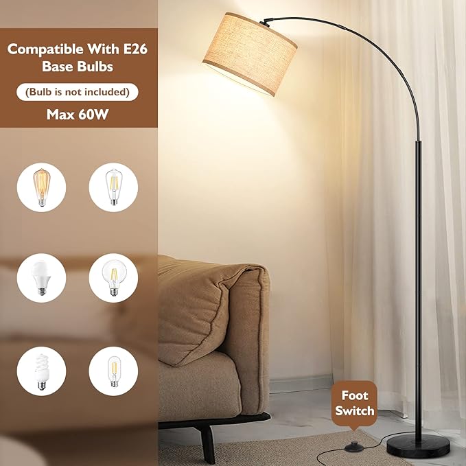 79'' Arc Floor Lamps for Living Room, Modern Standing Lamp with Adjustable Hanging Drum Shade, Black Tall Pole Lamp with Weighted Base & Edison E26 Socket, Corner Light for Reading Bedroom Office