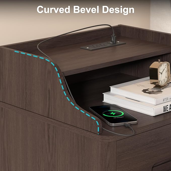 Nightstand with Charging Station, 21" Tall Nightstand w/2 Storage Drawers, Wood Night Stand with Hidden Handle, 17'' Wide Modern Bedside Table for Bedroom, Brown