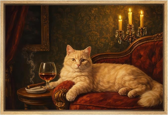 SIGNWIN Framed Canvas Print Wall Art Elegant Cat with Wine and Candlelight Vintage Classic Interior Rustic Landscape Relax/Calm for Living Room, Bedroom, Office - 16"x24" Natural