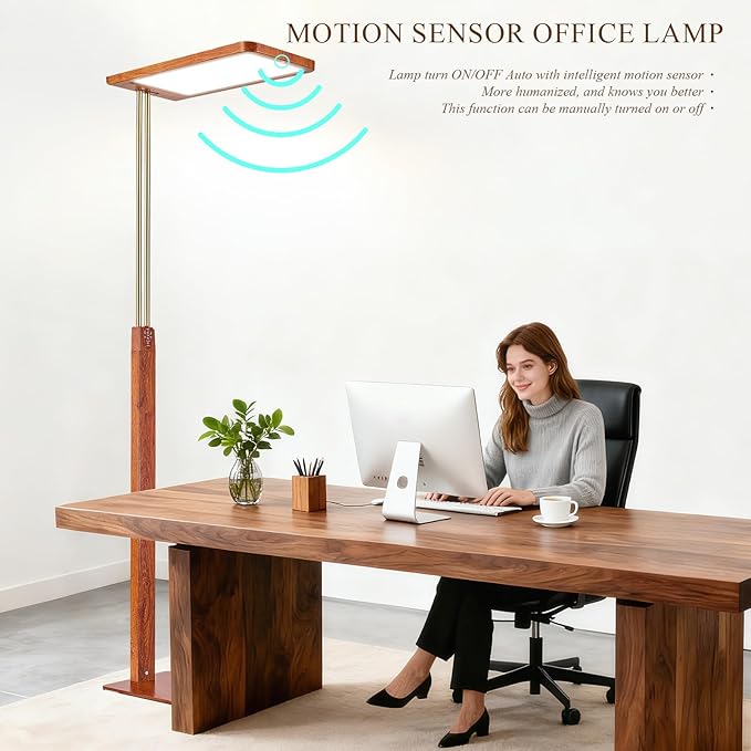 STERREN Vintage Farmhouse Industrial Floor Lamp, 76'' Full Spectrum Eye-Care Height Adjustable Reading Lamp, 2700K-5000K Dimmable Office LED Light for Study Room, Meeting Room, Mahogany