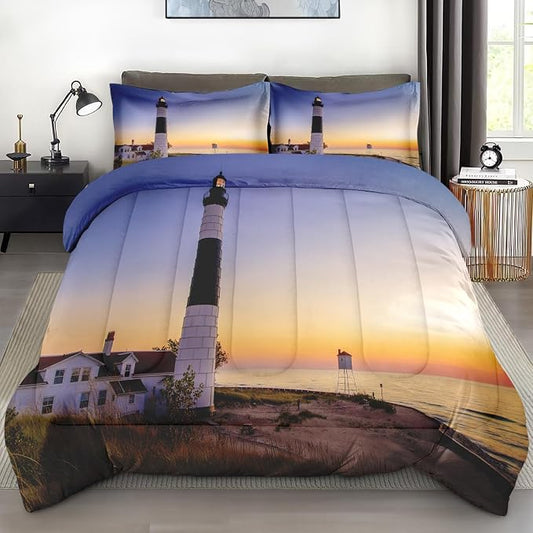 Comforter Set with 2 Pillowcases King Size, Coastal Lighthouse Michigan Beach Lake, Bed Decor Sea Ocean House Sunset Seascape for Kids and Adults, Soft Cozy Bedroom Bedding Set