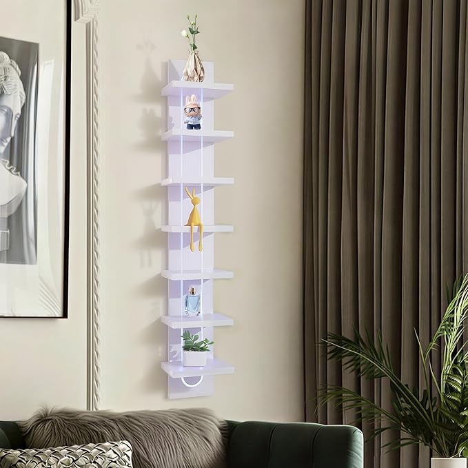 VIWODS 7 Tier Wall Shelf Unit with Light-Small Floating Shelves for Home Decor, Modern Unique Asymmetric Design for Bedroom & Living Room Storage
