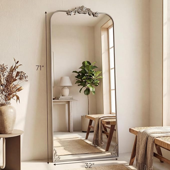 Antok Arched Full Length Mirror, 32"x71" Floor Mirror with Carved, Full Body Mirrors for HomeDecor, Large Wall Mirror with Corner Flower for Bedroom, Living Room, Silver, Luxury Style