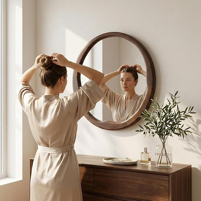 Round Dark Wood Mirror 30 Inch, Large Asymmetrical Wavy Frame Wall Mirror for Foyer, Fireplace, Solid Wood Irregular Luxury Decor