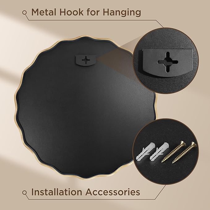 Gold Round Mirror for Wall, 32"x32" Decorative Wavy Bathroom Mirror with Brushed Alloy Steel Frame & Shatter-Proof Glass, Hanging Circle Wall Mirrors for Bathroom, Entryway, Bedroom