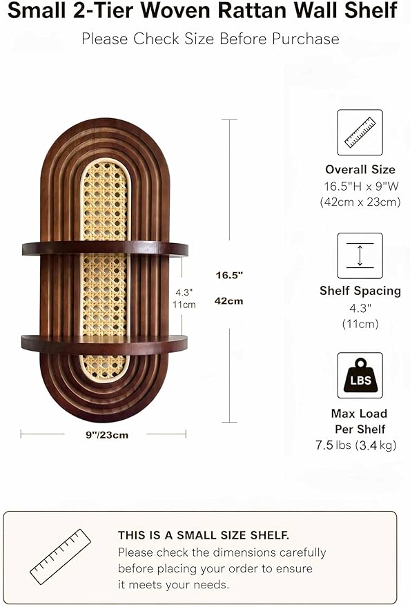 2-Tier Woven Rattan Floating Shelves, Mid-Century Modern Boho Vintage Wooden Wall Decor Plant Shelf for Living Room, Bedroom, Bathroom, Home Office, Ideal for Small Planters & Accents (Walnut)