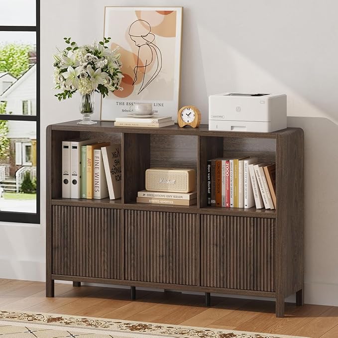 FATORRI 6 Cube Storage Organizer Book Shelf, Horizontal Bookshelf with 3 Doors, 3 Tier Wooden Bookcase for Living Room, Home Office (Dark Walnut)