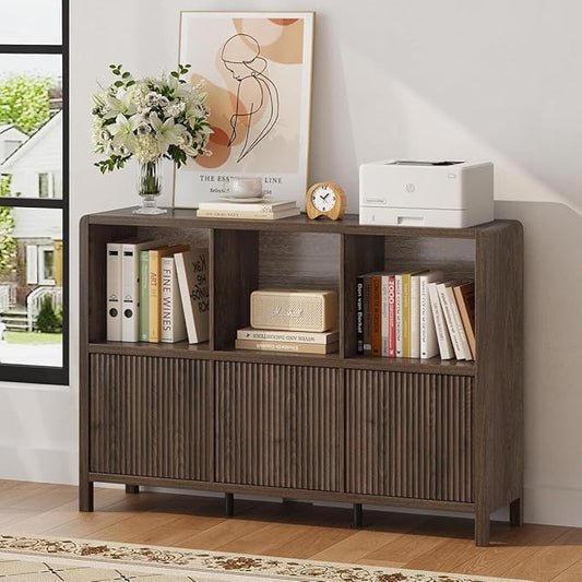 FATORRI 6 Cube Storage Organizer Book Shelf, Horizontal Bookshelf with 3 Doors, 3 Tier Wooden Bookcase for Living Room, Home Office (Dark Walnut)