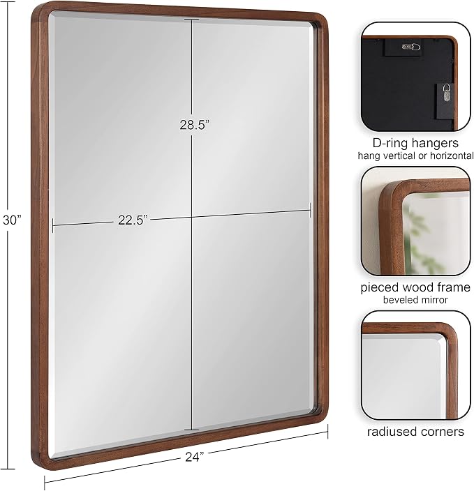 Kate and Laurel McLean Modern Wood Framed Rounded Rectangle Wall Mirror, 24 x 30, Walnut Brown, Decorative Round Rectangular Mirror for Contemporary Wall Decor