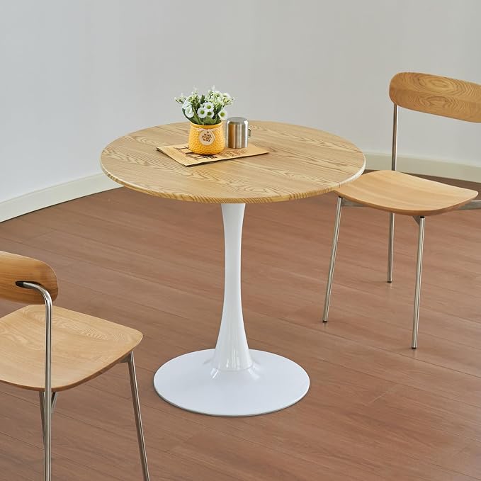 Round Dining Table, 24" Circle Tulip Table with Thickened Tabletop & Metal Pedestal, Mid Century Modern Bistro Table for Kitchen, Small Places, Living Room, Cafe (Light Brown)