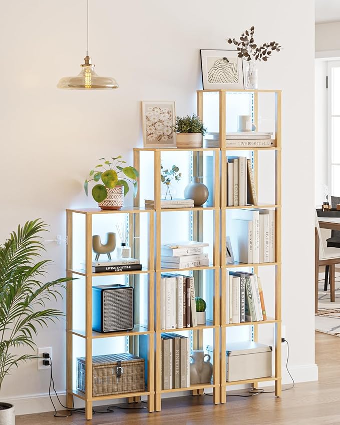Open Book Shelf with LED Lights, 6 Tier Tall Bookshelf, Freestanding Shelf Narrow Bookcase with Open Shelves, 14.57" x 10.63" x 65.83", Book Shelves for Living Room, Office, Study, Oak