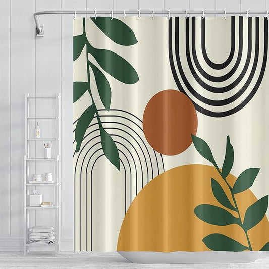Abstract Mid Century Bohemian Bathroom Shower Curtain - Orange Sun, Green Eucalyptus Leaves, Arch Design - Waterproof Fabric Polyester With Hooks - Home Decor, 48x72 Inch