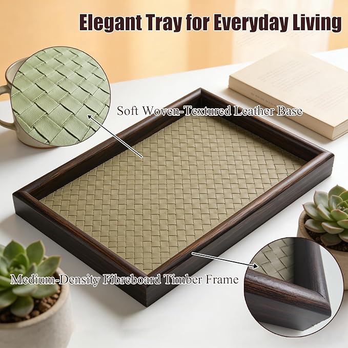11.8x7.9 Desk Organizer Tray Wooden Storage with Leather Base, Versatile Tray Table for Nightstand Entryway Vanity Desktop(Green)
