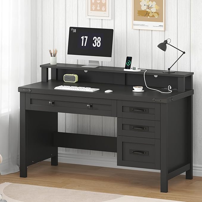 YOMILUVE Farmhouse Computer Desk with Drawers, 47" Small Computer Desk with Power Outlets, Home Office Desk with Monitor Stand & 4 Drawers, Writing Study Table, Black