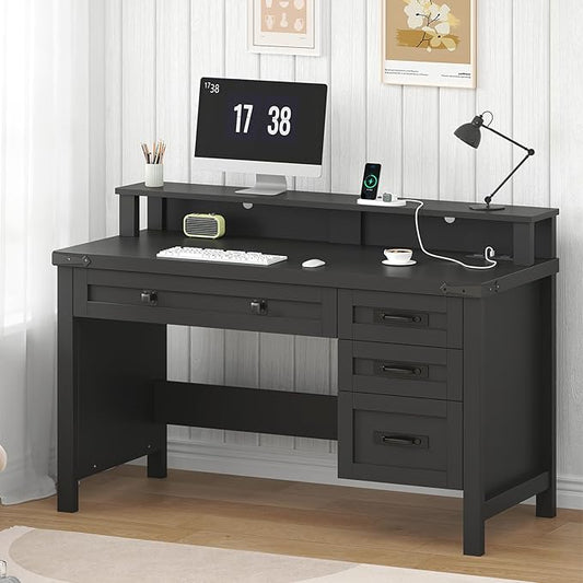 YOMILUVE Farmhouse Computer Desk with Drawers, 47" Small Computer Desk with Power Outlets, Home Office Desk with Monitor Stand & 4 Drawers, Writing Study Table, Black