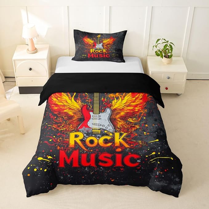 Erosebridal Rock Music Bedding Set Twin for Boys Men - Rock Roll Electric Guitar Duvet Cover Vintage Cool Flame Wings Guitar Comforter Cover,Trendy Punk Music Bed Set