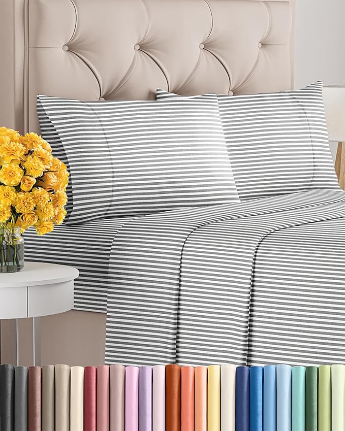 Hotel Luxury Durable Bed Sheets - Full Size 4 Piece Sheet Set - Extra Soft, Breathable And Cooling - Deep Pockets, Easy-Fit & Wrinkle-Free - Grey Stripes Oeko-Tex