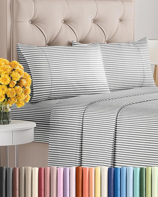 Hotel Luxury Durable Bed Sheets - Full Size 4 Piece Sheet Set - Extra Soft, Breathable And Cooling - Deep Pockets, Easy-Fit & Wrinkle-Free - Grey Stripes Oeko-Tex