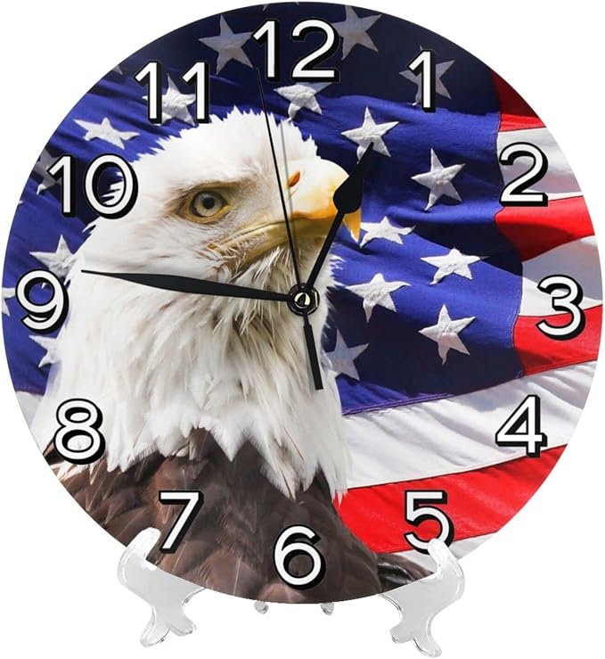 Patriotic Bald Eagle with American Flag Wall Clock Battery Operated Silent Round Clock Wall Decor for Home Office School, 12 Inch