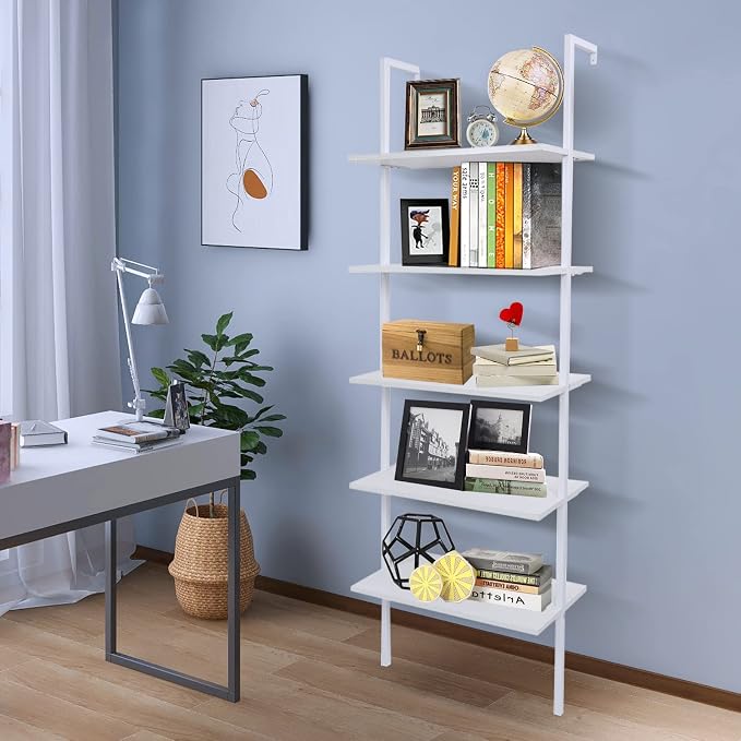 5 Tier Wall Mounted Ladder Shelf, Ladder Bookshelf with Metal Frame and Wood Shelf, Modern Learning Bookcase for Living Room, Bedroom, Office (23.6" W x 11.8" D x 70.8" H, White)