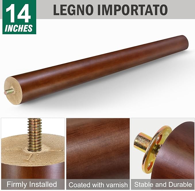 FoDau770 Brown Rubber Wood Furniture Legs 14 Inches, Straight Tapered Wood Feet Mid Century Sofa Legs Set of 4, 5/16" UNC Furniture Feet for Cabinet Couch Dresser Chair Ottoman Table