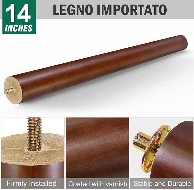 FoDau770 Brown Rubber Wood Furniture Legs 14 Inches, 5/16" UNC Straight Tapered Wood Feet Mid Century Sofa Legs, Wooden Furniture Feet Replacement Parts for Cabinet Couch Dresser Chair Ottoman Table