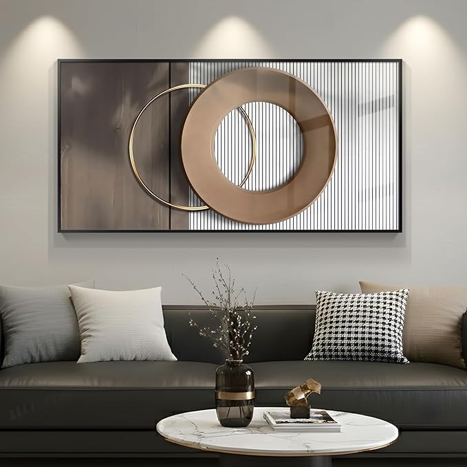 Large Horizontal Modern Wall Art for Living Room, Framed Neutral Picture Prints, Minimalist White Brown Circle Geometric Painting Artwork Decor for Bedroom Dining Room Hallway Office 56x28 Inch