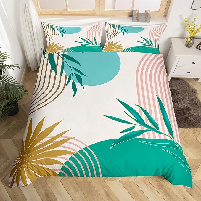 Erosebridal Mid Century Green Pink Comforter Cover Full for Kids Boys Girls,Abstract Modern Boho Duvet Cover,Plant Botanical Bedding Set,Minimalist Aesthetic Bed Set 3 Pcs Bedroom Decor