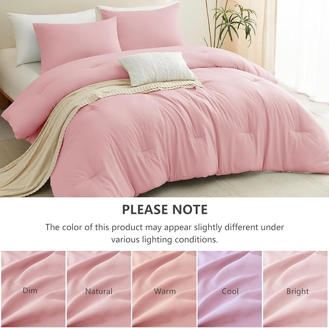 CozyLux King Size Comforter Set Pink, 3 Pieces Lightweight Down Alternative Quilted Bedding Sets, All Season Soft Breathable Solid Comforter with 2 Pillowcases, Luxury Bed Set Gift for Home