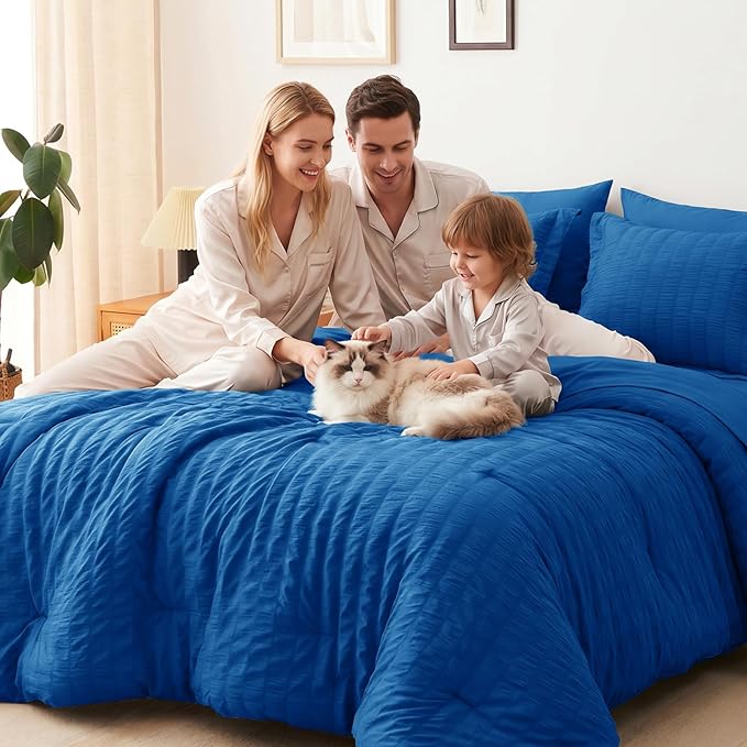 CozyLux King Size Comforter Set Classic Blue, 7 Pieces Seersucker Textured Luxury Bed in a Bag, All Seasons Soft Bedding Sets with Down Alternative Comforter, Sheets, Pillowcases & Shams, Home Gift