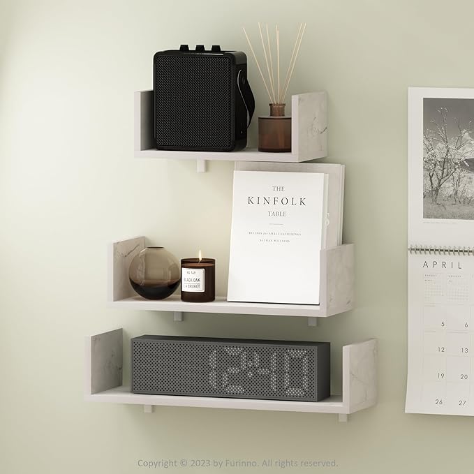 Furinno Rossi Bedroom Decor Wall Mounted Floating Display Shelves with Invisible Brackets, Set of 3, Marble White