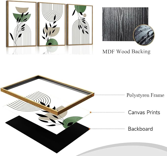 Bwodke Boho Wall Art, Framed Abstract Wall Art, Line Plants Leaf Canvas Wall Decor, Mid Century Sage Green Geometric Pictures Set of 3, Minimalist Paintings, for Bedroom Living Room Bathroom 16"x24"