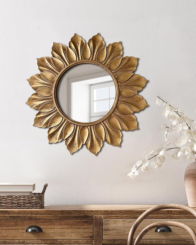 Sunflower Sunburst Wall Mirror, 26" Distressed Gold Wooden Frame, Handcrafted Petal Floral Design, Vintage Farmhouse Style Mirror for Wall Decor for Living Room, Bedroom, Bathroom, Vanity