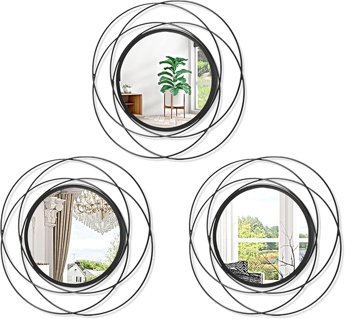 3 Set Black Wall Mirror Black Small Round Decorative Mirrors, Circle Metal Art Mirror Home Decor Bathroom Vanity, Living Room or Bedroom 12”