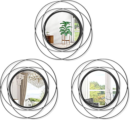 3 Set Black Wall Mirror Black Small Round Decorative Mirrors, Circle Metal Art Mirror Home Decor Bathroom Vanity, Living Room or Bedroom 12”