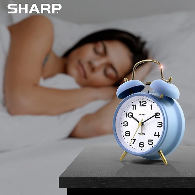 Sharp Twin Bell Alarm Clock, Loud Alarm Great for Heavy Sleepers - Stylish Matte Finish with Rustic Bronze Accents, Battery Operated (Matte Cornflower Blue)