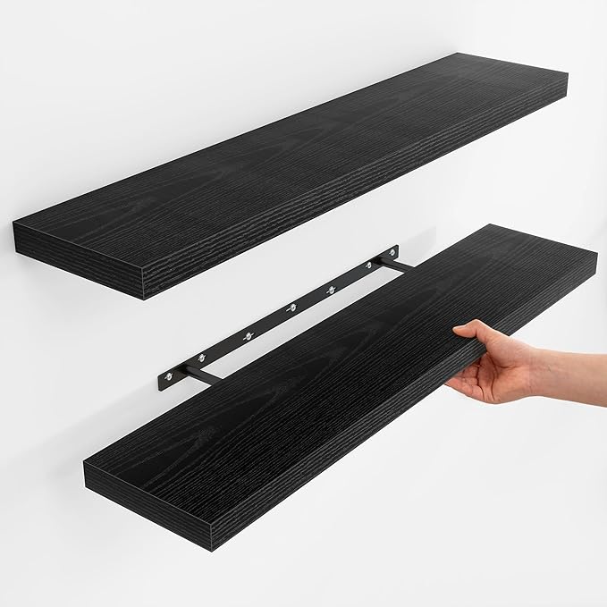 Fun Memories Floating Shelves for Wall, Rustic Wood Wall Mounted Shelves for Bathroom, Bedroom, Living Room & Kitchen, Storage Display Shelves, (Set of 2, Black, 40 in)