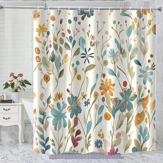 Colorful Floral Shower Curtain, Boho Wildflower Cute Flower Herbs Waterproof Fabric Machine Washable for Bathroom Bathtub Decor with Hooks 72x72