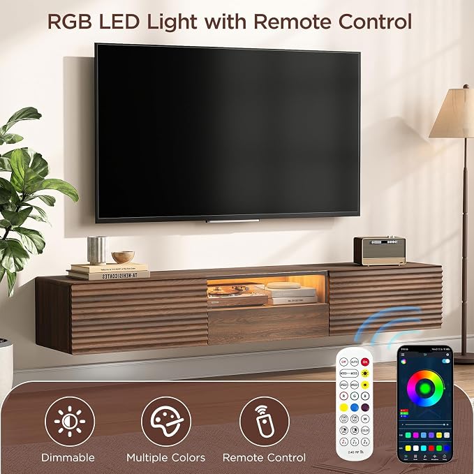 Maupvit 63" Floating TV Stand for TVs up to 75", Fluted Entertainment Center with Remote Control for LED Lights, Wall Mounted Shelf, Mid-Century Modern TV Console w/Glass Door for Living Room (Walnut)