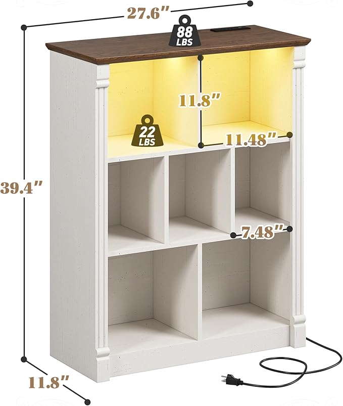 EnHomee 7 Cube Storage Organizer, Small Bookshelf with LED Light and Charging Station, Wood Book Shelf, Farmhouse Bookshelf for Living Room, Bedroom, Home Office,White