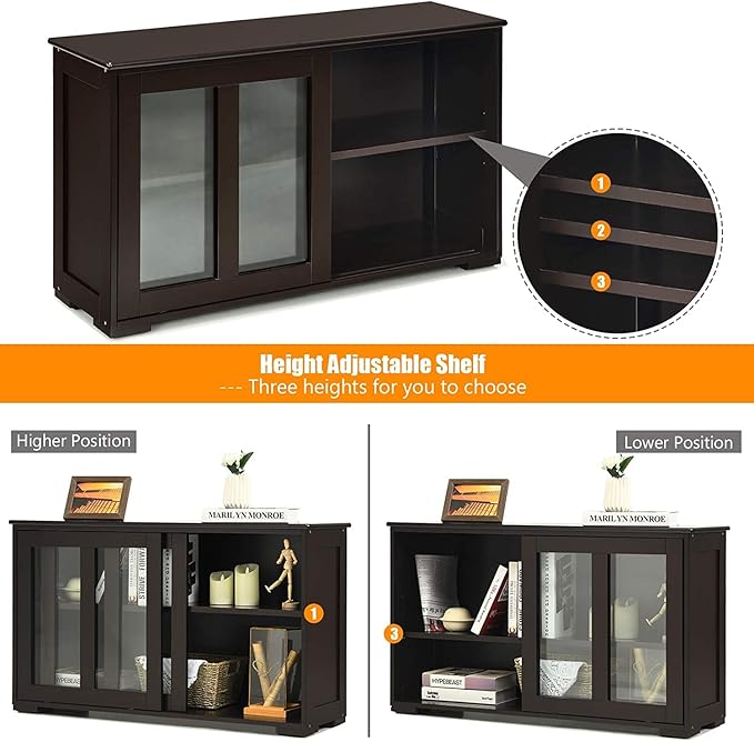 Sideboard Buffet Cabinet, Stackable Cupboard Storage Table with Adjustable Shelf & Glass Sliding Doors, Wooden Credenza Coffee Bar Cabinet for Kitchen/Dining Room/Living Room/Entryway (Coffee)