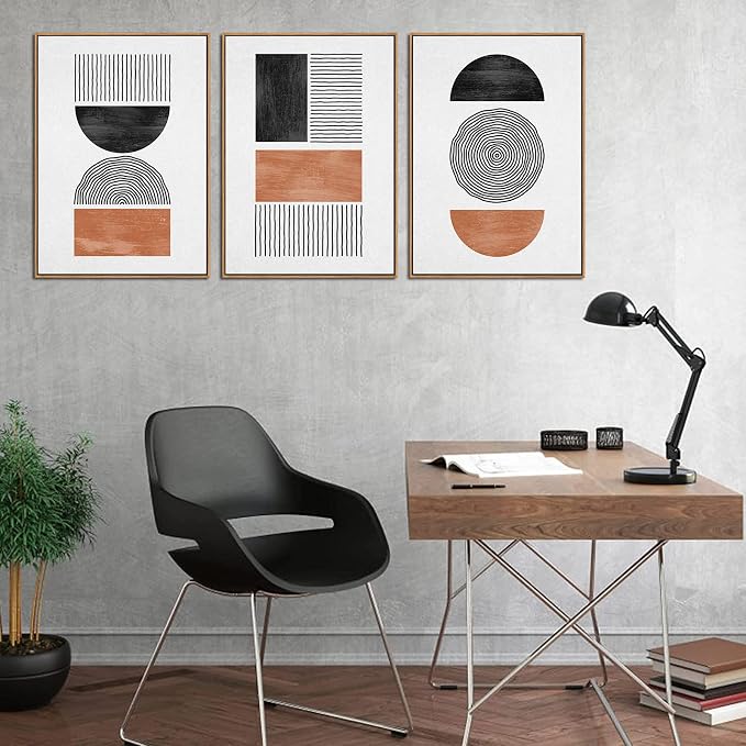 Framed Wall Art Canvas Set Mid Century Boho Pictures Modern Geometric Wall Decor Minimalist Black Brown Bohemian Abstract Painting Artwork for Living Room Bedroom Office 20"x28"x3 Natural