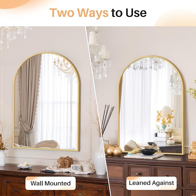 Bathroom Mirror for Wall, 30x20 Inch Arched Mirror, Matte Gold Metal Framed Bathroom Vanity Mirrors for Restroom Farmhouse, Anti-Rust, Tempered Glass, Hanging or Leaning