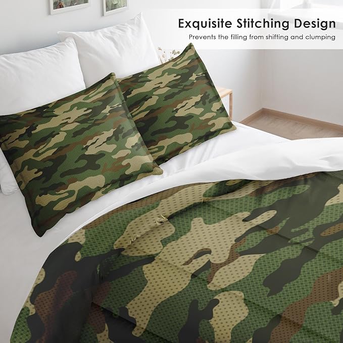 Pamnest Comforter Set Twin Size, Military Camouflage Soft 2 Pcs Bedding for Kids and Adults, Army Green Camo Comforter Set with Pillowcase for Bedroom Bed Decor